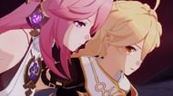 Yae Miko whispering in the Traveler's ear (Image via miHoYo)